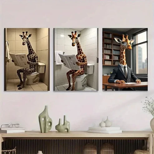 3pcs Giraffe Reading Newspapers Modern & Classic Wall Art Set Canvas Framed 50x70cm – High Quality Print 100% Australian Made Wall Canvas Ready to Hang