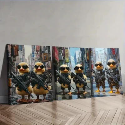 3pcs Two cute baby ducks in cyberpunk armor Wall Art Set Canvas Framed 40x60cm - High Quality Print 100% Australian Made Wall Canvas Ready to Hang