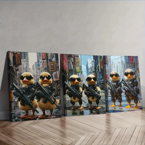 3pcs Two cute baby ducks in cyberpunk armor Wall Art Set Canvas Framed 40x60cm – High Quality Print 100% Australian Made Wall Canvas Ready to Hang