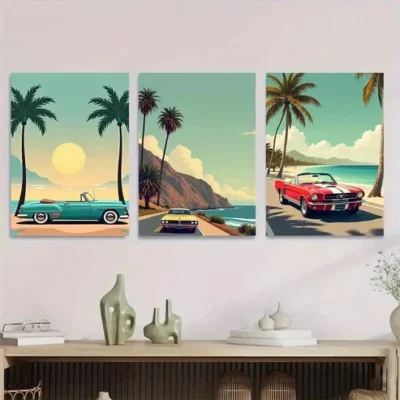 3pcs Vintage Beach Scene Tropical Sunset Cars Wall Art Set Canvas Framed 50x70cm - High Quality Print 100% Australian Made Wall Canvas Ready to Hang