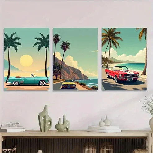 3pcs Vintage Beach Scene Tropical Sunset Cars Wall Art Set Canvas Framed 50x70cm – High Quality Print 100% Australian Made Wall Canvas Ready to Hang