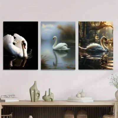 3pcs Elegant White Swans in Serene Water Scenes Wall Art Set Canvas Framed 50x70cm - High Quality Print 100% Australian Made Wall Canvas Ready to Hang