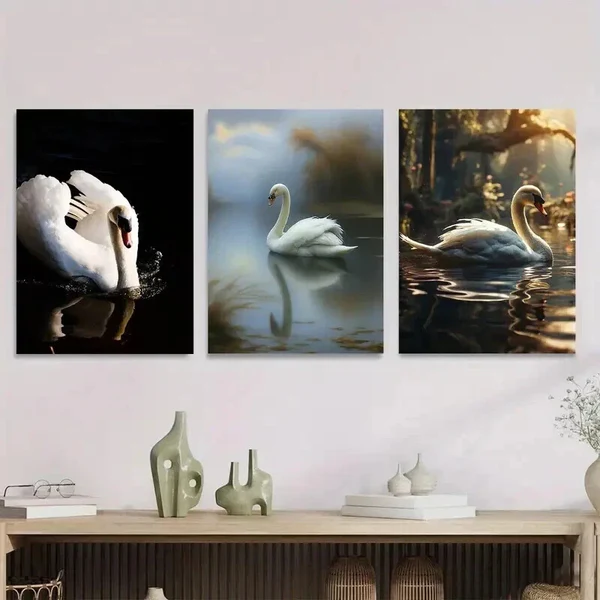 3pcs Elegant White Swans in Serene Water Scenes Wall Art Set Canvas Framed 50x70cm – High Quality Print 100% Australian Made Wall Canvas Ready to Hang