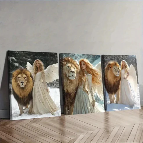 3pcs The girl and the lion in the snow Wall Art Set Canvas Framed 40x60cm – High Quality Print 100% Australian Made Wall Canvas Ready to Hang