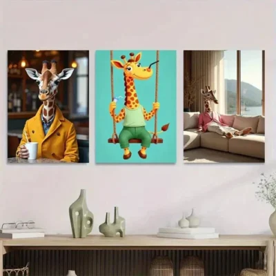 3pcs Colorful Giraffe Whimsical Modern Painting Wall Art Set Canvas Framed 50x70cm - High Quality Print 100% Australian Made Wall Canvas Ready to Hang