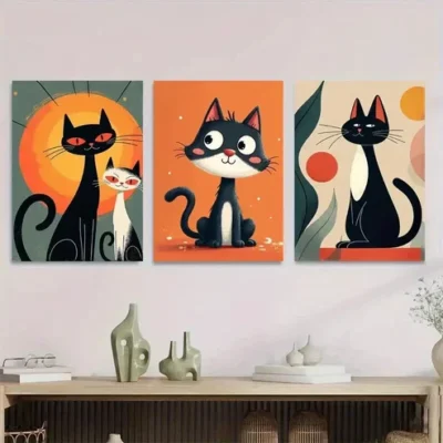 3pcs Charming Cat Animal Lovers Black Wall Art Set Canvas Framed 50x70cm - High Quality Print 100% Australian Made Wall Canvas Ready to Hang