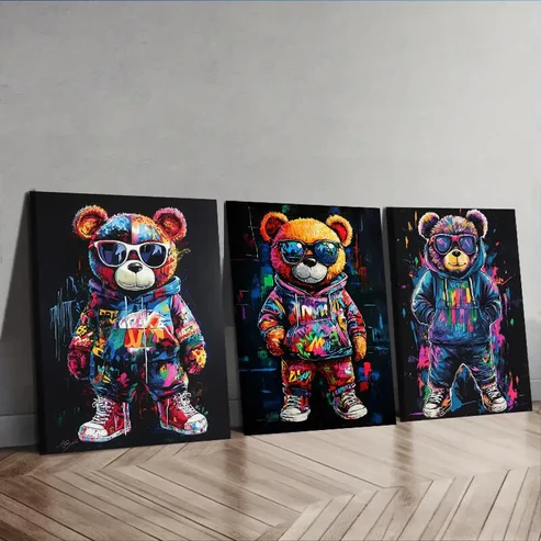 3pcs Featuring a Teddy Bear Adorned Solely Wall Art Set Canvas Framed 40x60cm – High Quality Print 100% Australian Made Wall Canvas Ready to Hang