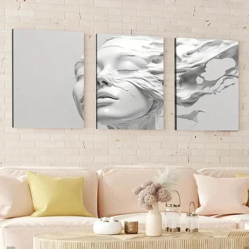 3pcs Abstract Art White Female Head Sculpture Wall Art Set Canvas Framed 50x70cm – High Quality Print 100% Australian Made Wall Canvas Ready to Hang