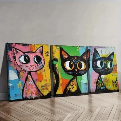 3pcs Colorful cats with big eyes Wall Art Set Canvas Framed 50x70cm - High Quality Print 100% Australian Made Wall Canvas Ready to Hang