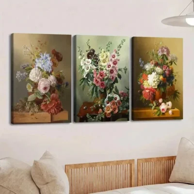 3pcs Retro Vintage Oil Paint Style Flowers Wall Art Set Canvas Framed 50x70cm - High Quality Print 100% Australian Made Wall Canvas Ready to Hang