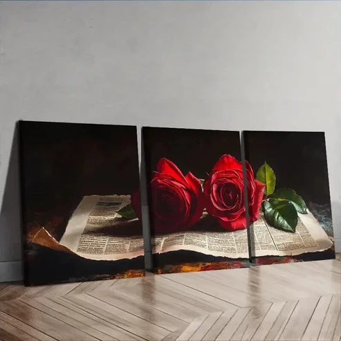 3pcs Red Roses on Vintage Newspaper Wall Art Set Canvas Framed 50x70cm – High Quality Print 100% Australian Made Wall Canvas Ready to Hang
