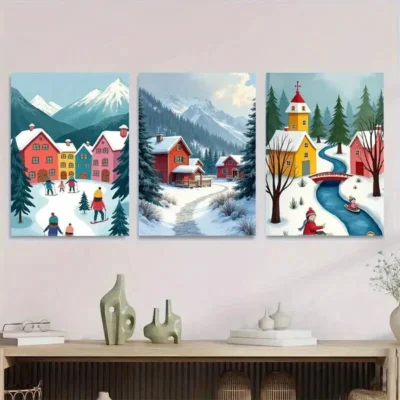 3pcs Village Triptych Vibrant Snowy Mountain Wall Art Set Canvas Framed 50x70cm - High Quality Print 100% Australian Made Wall Canvas Ready to Hang