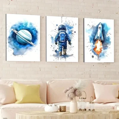 3pcs Modern Cosmic Art Space Rocket Blue & Fire Wall Art Set Canvas Framed 50x70cm - High Quality Print 100% Australian Made Wall Canvas Ready to Hang