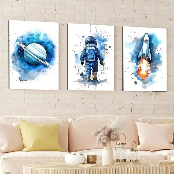 3pcs Modern Cosmic Art Space Rocket Blue & Fire Wall Art Set Canvas Framed 50x70cm – High Quality Print 100% Australian Made Wall Canvas Ready to Hang