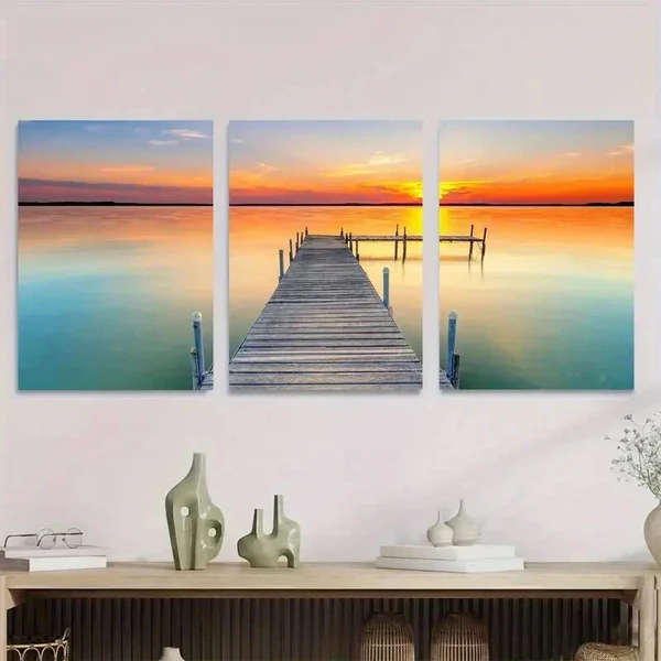 3pcs Serene Lake & Pier Scenes Landscape Wall Art Set Canvas Framed 50x70cm – High Quality Print 100% Australian Made Wall Canvas Ready to Hang