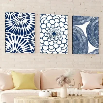 3pcs Abstract Geometric Navy Blue Floral Design Wall Art Set Canvas Framed 50x70cm - High Quality Print 100% Australian Made Wall Canvas Ready to Hang
