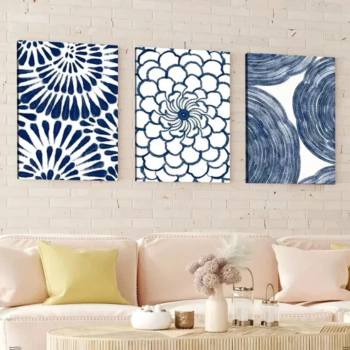 3pcs Abstract Geometric Navy Blue Floral Design Wall Art Set Canvas Framed 40x60cm – High Quality Print 100% Australian Made Wall Canvas Ready to Hang