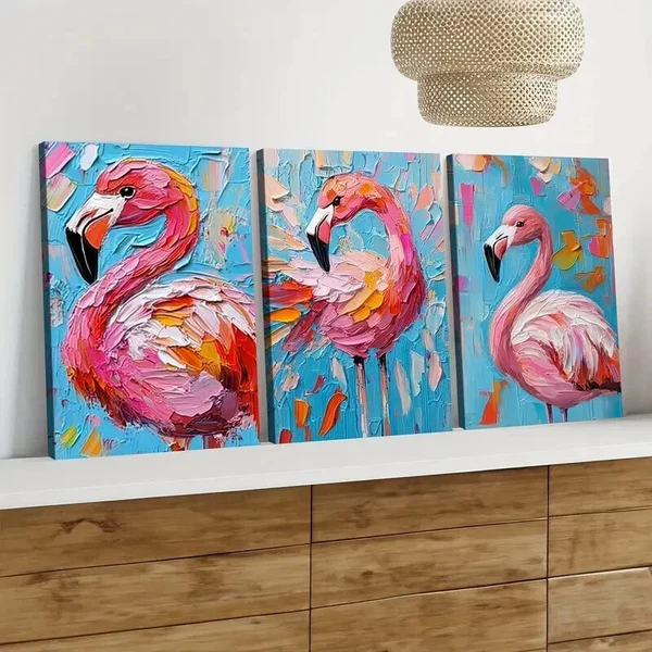 3pcs Colorful Pink Flamingo Oil Painting Elegant Wall Art Set Canvas Framed 50x70cm – High Quality Print 100% Australian Made Wall Canvas Ready to Hang