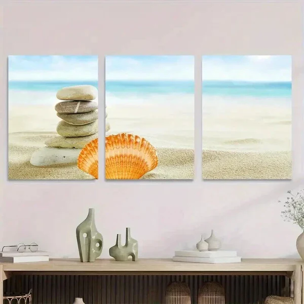 3pcs Beach Zen Stone Stack And Seashell Wall Art Set Canvas Framed 50x70cm – High Quality Print 100% Australian Made Wall Canvas Ready to Hang