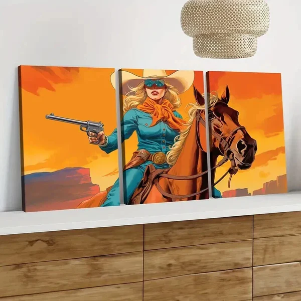 3pcs Vintage Art Cow Girl Style Brown Horse Lady Wall Art Set Canvas Framed 50x70cm – High Quality Print 100% Australian Made Wall Canvas Ready to Hang