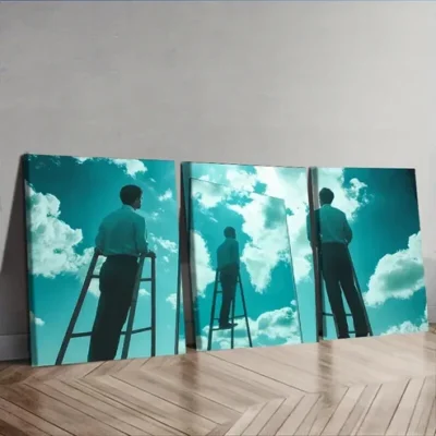 3pcs Surreal Film Triptych with Ladder & Sky Wall Art Set Canvas Framed 50x70cm - High Quality Print 100% Australian Made Wall Canvas Ready to Hang