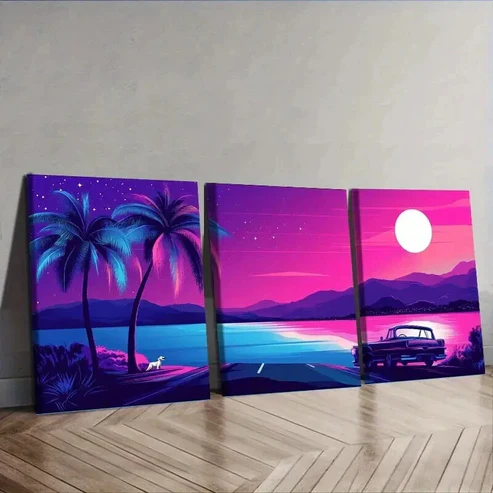 3pcs Miami Beach Sunset with Palm Trees Wall Art Set Canvas Framed 50x70cm – High Quality Print 100% Australian Made Wall Canvas Ready to Hang