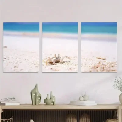 3pcs Beach Scene Ocean Crab & Seashells Wall Art Set Canvas Framed 50x70cm - High Quality Print 100% Australian Made Wall Canvas Ready to Hang