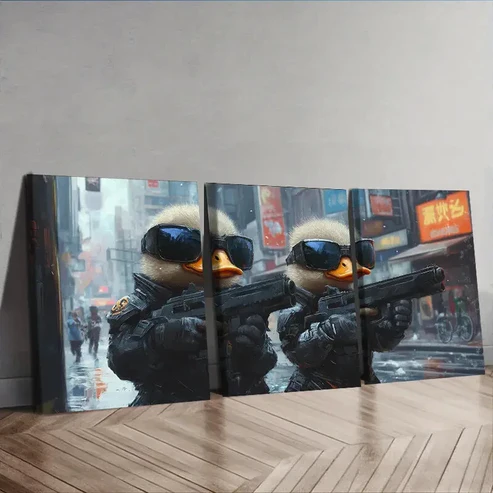 3pcs Two cute baby ducks in cyberpunk armor Wall Art Set Canvas Framed 40x60cm – High Quality Print 100% Australian Made Wall Canvas Ready to Hang