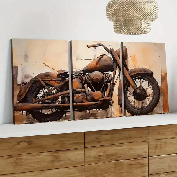 3pcs Modern Art Abstract Motorcycle Brown Art Wall Art Set Canvas Framed 50x70cm – High Quality Print 100% Australian Made Wall Canvas Ready to Hang