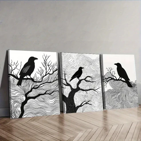 3pcs Black Crow on Tree Branches Wall Art Set Canvas Framed 40x60cm – High Quality Print 100% Australian Made Wall Canvas Ready to Hang