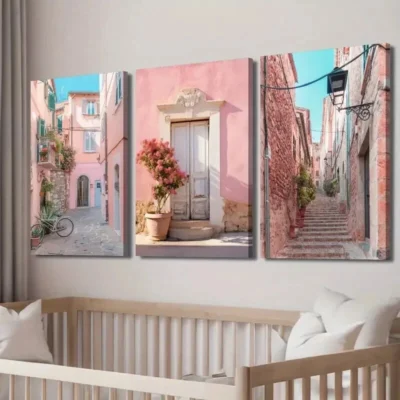 3pcs Italian Urban Pink House & Streets Wall Art Set Canvas Framed 40x60cm - High Quality Print 100% Australian Made Wall Canvas Ready to Hang