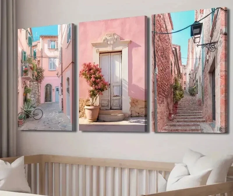 3pcs Italian Urban Pink House & Streets Wall Art Set Canvas Framed 40x60cm – High Quality Print 100% Australian Made Wall Canvas Ready to Hang