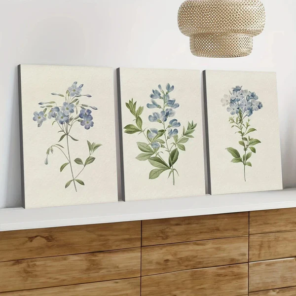 3pcs Vintage Botanical Blue Flowers Green Leaves Wall Art Set Canvas Framed 50x70cm – High Quality Print 100% Australian Made Wall Canvas Ready to Hang