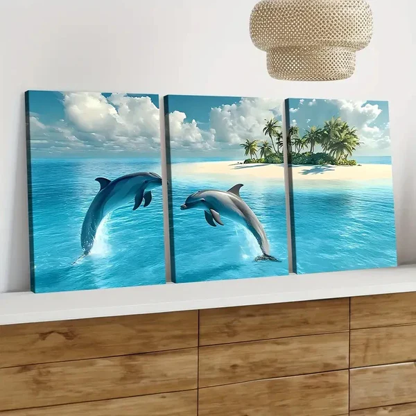 3pcs Dolphin Seascape Blue Sky White Clouds Wall Art Set Canvas Framed 40x60cm – High Quality Print 100% Australian Made Wall Canvas Ready to Hang