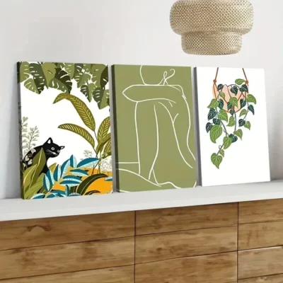 3pcs Abstract Classic Modern Botanical Black Cat Wall Art Set Canvas Framed 50x70cm - High Quality Print 100% Australian Made Wall Canvas Ready to Hang