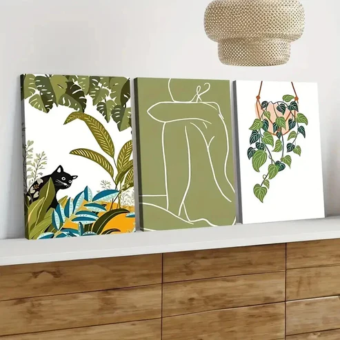 3pcs Abstract Classic Modern Botanical Black Cat Wall Art Set Canvas Framed 50x70cm – High Quality Print 100% Australian Made Wall Canvas Ready to Hang