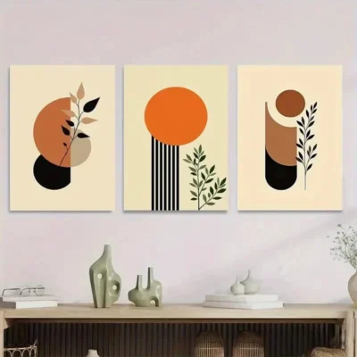 3pcs Minimalist Botanical Geometric Shapes Wall Art Set Canvas Framed 50x70cm - High Quality Print 100% Australian Made Wall Canvas Ready to Hang