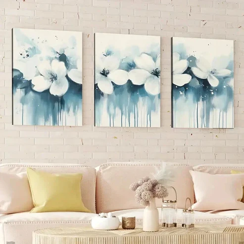 3pcs Abstract Florals Abstract Geometric Blue Wall Art Set Canvas Framed 50x70cm – High Quality Print 100% Australian Made Wall Canvas Ready to Hang