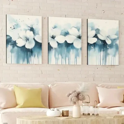 3pcs Abstract Florals Abstract Geometric Blue Wall Art Set Canvas Framed 40x60cm - High Quality Print 100% Australian Made Wall Canvas Ready to Hang