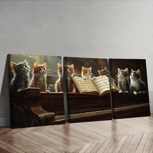 3pcs Featuring a Cat on a Piano Wall Art Set Canvas Framed 40x60cm – High Quality Print 100% Australian Made Wall Canvas Ready to Hang