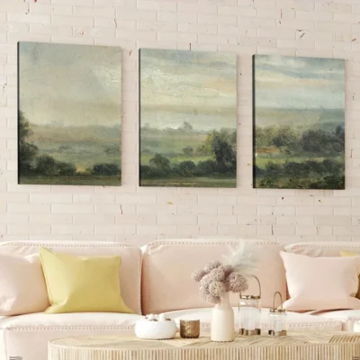 3pcs Vintage Green Nature Forest Sky Grasses Wall Art Set Canvas Framed 50x70cm - High Quality Print 100% Australian Made Wall Canvas Ready to Hang