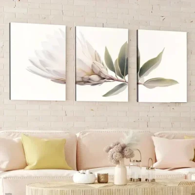 3pcs Single White King Protea Abstract Geometric Wall Art Set Canvas Framed 50x70cm - High Quality Print 100% Australian Made Wall Canvas Ready to Hang