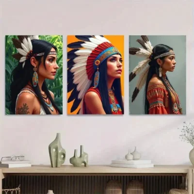 3pcs Native American Themes Girl Wall Art Set Canvas Framed 50x70cm - High Quality Print 100% Australian Made Wall Canvas Ready to Hang
