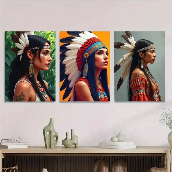 3pcs Native American Themes Girl Wall Art Set Canvas Framed 50x70cm – High Quality Print 100% Australian Made Wall Canvas Ready to Hang