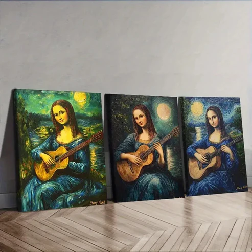 3pcs Mona Lisa Guitar Trio Wall Art Set Canvas Framed 40x60cm – High Quality Print 100% Australian Made Wall Canvas Ready to Hang