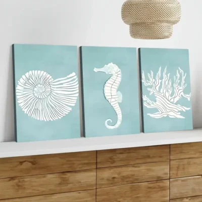 3pcs Seahorses Corals & Shells Ocean Life Blue Wall Art Set Canvas Framed 50x70cm - High Quality Print 100% Australian Made Wall Canvas Ready to Hang