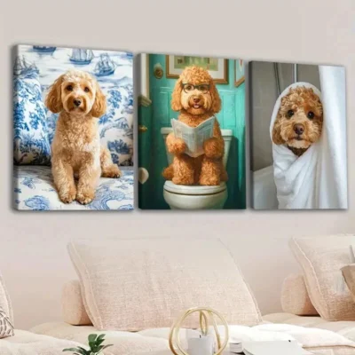 3pcs Cute Dogs Toilet Brawny Blue & White Green Wall Art Set Canvas Framed 50x70cm - High Quality Print 100% Australian Made Wall Canvas Ready to Hang