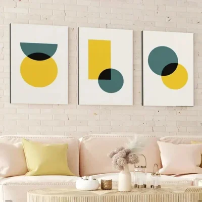 3pcs Abstract Retro Geometric Round Square Blue Wall Art Set Canvas Framed 50x70cm - High Quality Print 100% Australian Made Wall Canvas Ready to Hang