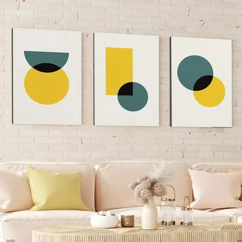 3pcs Abstract Retro Geometric Round Square Blue Wall Art Set Canvas Framed 50x70cm – High Quality Print 100% Australian Made Wall Canvas Ready to Hang