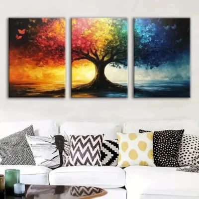 3pcs Oil Painted Tree Modern Sky Blue & Gold Red Wall Art Set Canvas Framed 50x70cm - High Quality Print 100% Australian Made Wall Canvas Ready to Hang